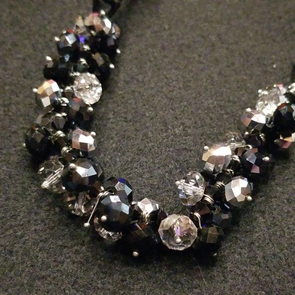 Black Silver Bead Ribbon Choker Bib Necklace - Picture 2 of 4